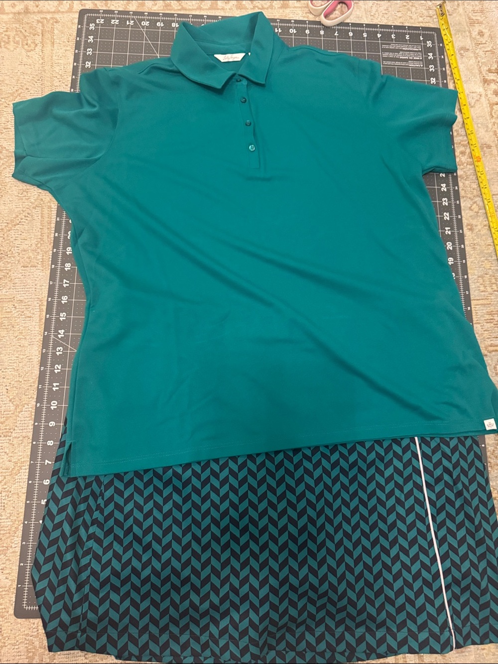 Lady Hagen Teal Polo Top with Teal & Black Patterned Skirt Set
